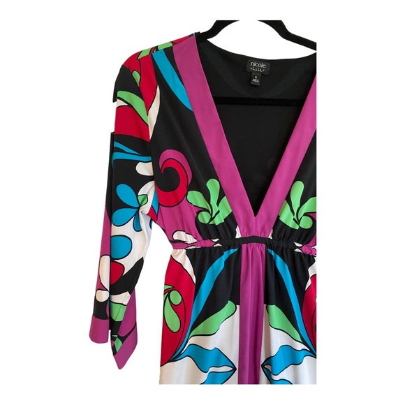 Nicole by Nicole Miller Retro Groovy Colorful V-Neck Bell Sleeve Dress Size 16 - Picture 3 of 14